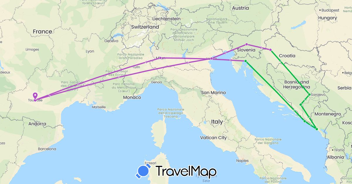 TravelMap itinerary: driving, bus, train in Bosnia and Herzegovina, France, Croatia, Italy, Montenegro, Slovenia (Europe)
